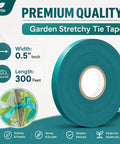 Built Tough Garden Tie Tape Roll Half Inch Wide 300 Feet Long Green Vinyl Plant Support Ribbon For Indoor Outdoor Garden Stakes And Plant Training Fade Resistant Stretchable, shown with dimensions and features on package