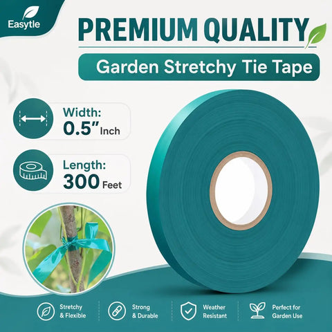 Built Tough Garden Tie Tape Roll Half Inch Wide 300 Feet Long Green Vinyl Plant Support Ribbon For Indoor Outdoor Garden Stakes And Plant Training Fade Resistant Stretchable, shown with dimensions and features on package