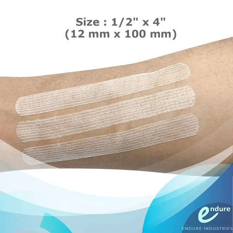 Reinforced Wound Closure Strips Half Inch By Four Inch For Small Cuts And Lacerations, 30 Total, 3 Per Sheet, 2 Sheets Per Pouch, 5 Pouches, A Must Have Backups To Stitches And Quick Skin Approximation For Easy First Aid, 1/2 x 4 in on skin