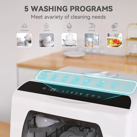 Compact Countertop Dishwasher With Five Beast Mode Wash Cycles And No Brainer Setup For Tiny Apartments Featuring A Built In Water Tank Dual Spray Arms And Straightforward Interface showing control panel with five wash program options.
