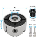 Front view of Amazon DEEFIINE 4in wood lathe chuck set with nickel-plated 4-jaw chuck, 1-1/4-8TPI thread and 1-8TPI adapter.