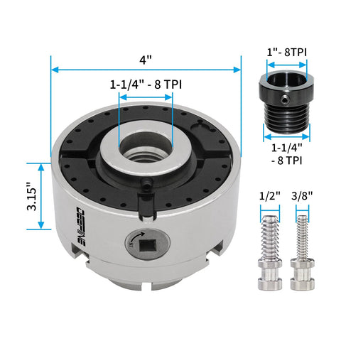 Front view of Amazon DEEFIINE 4in wood lathe chuck set with nickel-plated 4-jaw chuck, 1-1/4-8TPI thread and 1-8TPI adapter.