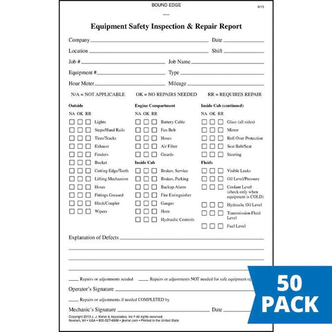Equipment Safety Inspection Report Book 10 Pack With 36 Item Vehicle Checklist To Document Needed Repairs And Vehicle Condition For Worksite Utility Trucks And Heavy Equipment, 5.5x8.5 carbonless form