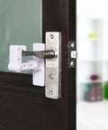 Childproof Door Handle Lock For Cabinets And Doors installed on thick wooden door in modern home setting.