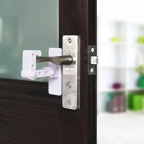 Childproof Door Handle Lock For Cabinets And Doors installed on thick wooden door in modern home setting.