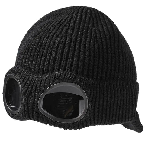 Unisex Peak Ski Beanie With Thick Fleece Lining, Cozy Knit Hat For Winter, black acrylic with goggle design