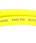 Close-up of yellow refrigeration charging hose with R-410A, 4000 PSI burst, and 800 PSI working pressure markings