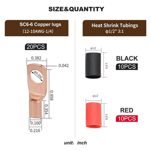 Heavy Duty Copper Wire Lugs Kit 20 Pcs Bare Copper Ring Terminals For 12 To 10 AWG Cables One Quarter Inch M6 Ends Marine Grade Battery Cable Lugs With 20 Pcs Three To One Heat Shrink Tubing For Quick Easy Secure Connections diagram showing size and quantity.