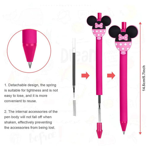 Five Cute Cartoon Mouse Head Ballpoint Pens Set With Retractable Tips In Multiple Colors For Teachers And Students Notes Journal Doodling Office Supplies Totally Fun For School Or Home Use, showing detachable spring mechanism and 14.5 cm size.