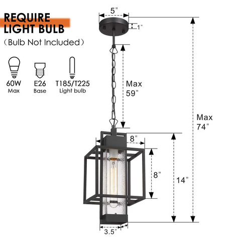 Outdoor Pendant Light 16 Inch One Light Black Hanging Porch Chandelier With Bubble Glass For Patio Gazebo Entryway Modern Farmhouse Style Dope Outdoor Lighting Fixture dimensions diagram.