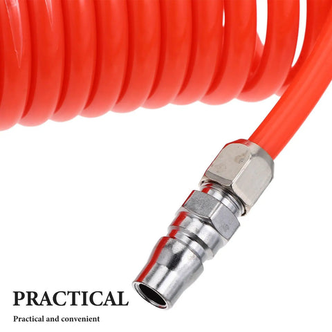 Heavy Duty Recoil Air Hose For Compressor 19.7 Ft Flexible Retractable Line Handles Shop Abuse Without Breaking A Sweat Great Replacement For Garage Tools And Air Supply Systems High Build Quality Resists Wear And Tear Like A Real Pro In The Garage., orange coiled air hose with metal connector