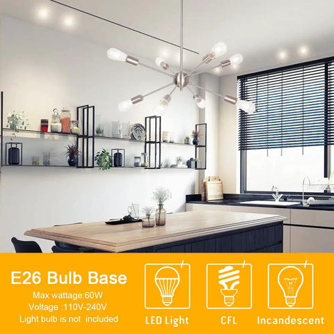 Dope Contemporary Sputnik Chandelier 8 Light Brushed Nickel Pendant Lighting Mid Century Starburst Ceiling Fixture For Living Room Dining Room And Foyer Modern Home Decor in a kitchen setting