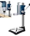 Pro Grade Sturdy Floor Drill Press Stand Featuring Adjustable Vertical Sleeve And Beefy Steel Vice on a stable base with drill.