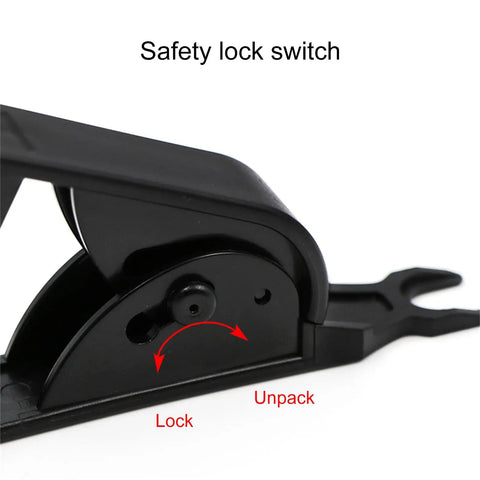 Close-up of safety lock switch on ergonomic PVC pipe cutter for home and pro grade use quick push cut tool for PVC nylon tubing and water pipes
