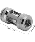 Chiciris G1/4 Brass Inline Water Cooling Filter For PC Liquid Loop, 50mm x 24mm, silver acrylic body with stainless steel mesh.