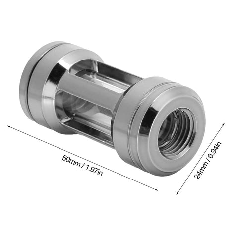 Chiciris G1/4 Brass Inline Water Cooling Filter For PC Liquid Loop, 50mm x 24mm, silver acrylic body with stainless steel mesh.