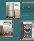 Heavy Duty Adjustable Washing Machine Stand With Suction Feet supporting a fridge, dishwasher, and washing machine in a home.
