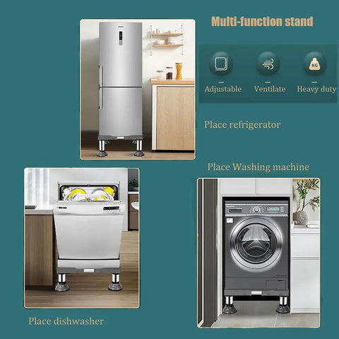 Heavy Duty Adjustable Washing Machine Stand With Suction Feet supporting a fridge, dishwasher, and washing machine in a home.