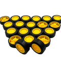 Dope Tiny Wheels Set For Hobby Builds 21mm Rubber Tires with yellow plastic hubs, arranged in a pyramid