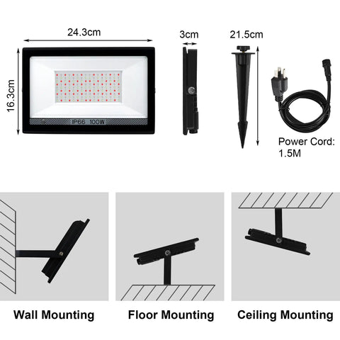 RGB LED Flood Lights 1000W Equivalent Outdoor IP66 Waterproof 2 Pack with mounting options and power cord shown.