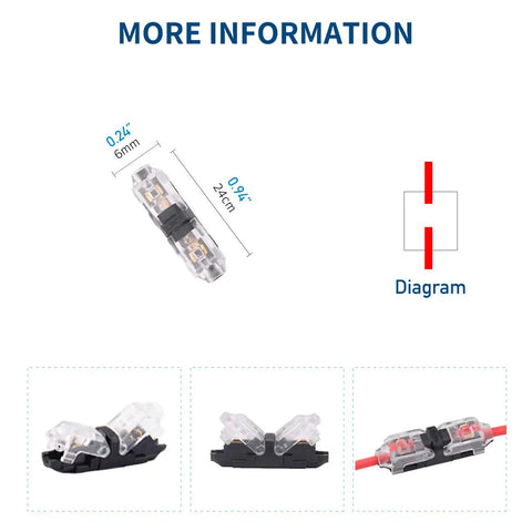 Easy Install Quick Solderless LED Wire Connector Kit For Low Voltage Wiring, I Type 1 Pin, 24-20 AWG, 12 Pack with diagram.
