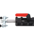 Beefy Heavy Duty Welding Toggle Clamp With Dual Heads 50mm Stroke Quick Release, ribbed plastic handles, iron base, side view