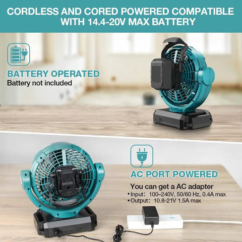 18V Cordless Oscillating Fan With Brushless Motor Compatible With Makita 18V Battery 3 Speed Low Noise Under 30dB Cordless Or Corded Power USB And DC Adapter Included A Real Workhorse For Jobsite Workshop Camping And Outdoor
