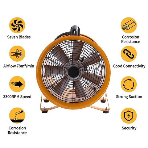 Front view of 12 Inch Industrial Portable Air Blower Ventilator Delivers 3300 CFM High Velocity Airflow With 550W Motor for extraction.