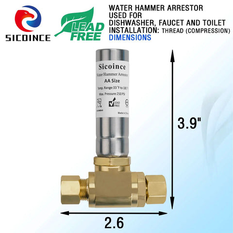 Water Hammer Arrestor For Dishwashers And Toilets Three Eighth Inch Male To Three Eighth Inch Female Compression Stop, dimensions shown