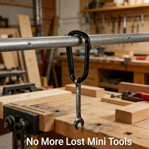 Heavy Duty Black Carabiner Clip Built Tough For 900lbs, 3 Inch Steel D Shaped Snap Hook securing a wrench on a workbench.