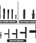 113-piece black automotive vacuum hose connector set; straight, tee and reducer fittings in 12 sizes (front/side views)