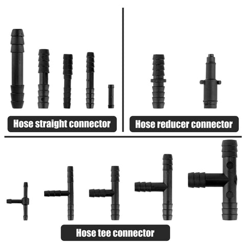 113-piece black automotive vacuum hose connector set; straight, tee and reducer fittings in 12 sizes (front/side views)