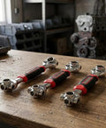 Heavy Duty Swivel Socket Wrench Set 8mm To 21mm with rubber grip handles arranged on a wooden workbench.