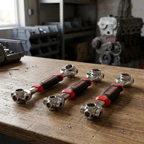 Heavy Duty Swivel Socket Wrench Set 8mm To 21mm with rubber grip handles arranged on a wooden workbench.