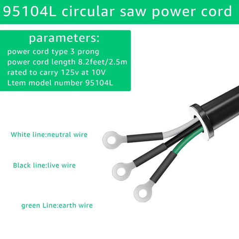 Heavy Duty Replacement Power Cord For Electric Circular Saws Featuring Pure Copper Conductors And Durable Synthetic Jacket visible wires and connectors