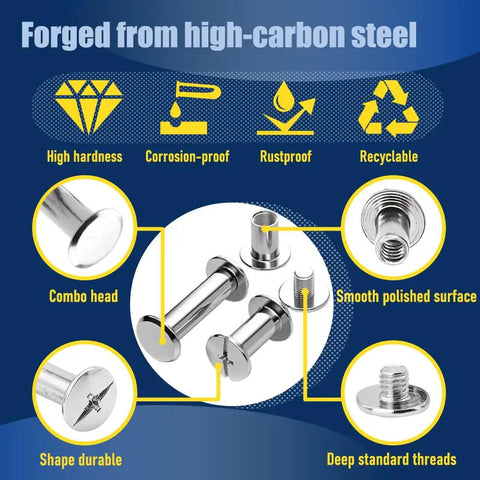 Silvery Chicago Screws Leather Rivets Kit 130 Sets 7 Sizes M4 M5 M6 M8 M10 M12 M15 And 3 Screw Lengths metal details image