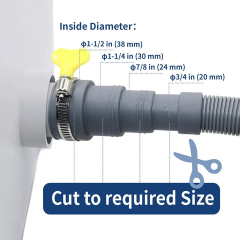 3.2 Ft Washing Machine Drain Hose Extension Kit with flexible corrugated hose showing diameter sizes for universal fit