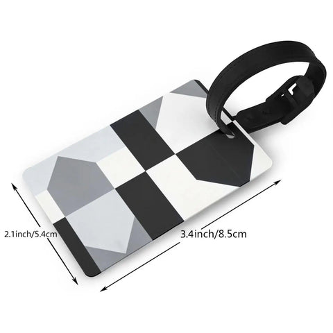 Compact Black And White Piano Grid Print Luggage Tags With Personalized Name Tags, 3.4x2.1 inch, heavy duty PVC, sleek design.