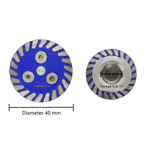 Mini Diamond Saw Blades Set 40mm for stone granite carving with 5/8-11 threaded flange, front and side view of 40mm turbo disc