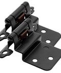 Two matte black self closing cabinet hinges showcasing 3/8 inch inset design for reliable use in face frame doors.
