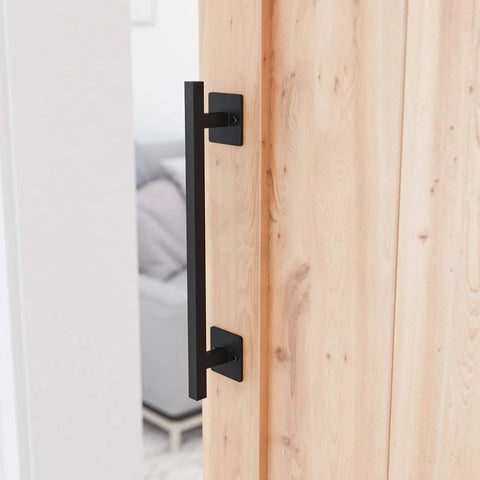 Antique Rustic 12 Inch Barn Door Handle, Solid Steel Heavy Duty Flush Square Base Pull For Gate Garage Sheds, Black Frosted Finish