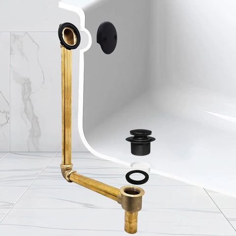 22 Inch Direct Connect Solid Brass Waste And Overflow Kit With Tip Toe Drain Trim Knockout Style Slick Matte Black Finish Heavy Duty Seventeen Gauge Tubing showcasing brass tubing and matte black components.