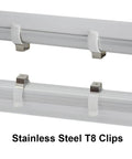 Close-up of 24 Pack T8 U Clip Holder Brackets for 8ft LED Fluorescent Tubes, stainless steel with plastic finish, no screw needed