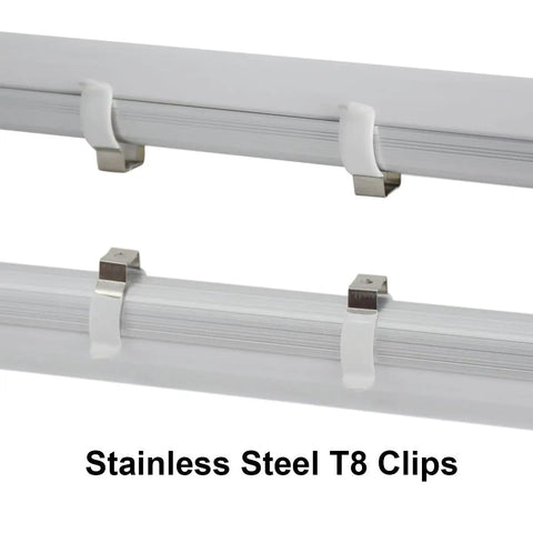 Close-up of 24 Pack T8 U Clip Holder Brackets for 8ft LED Fluorescent Tubes, stainless steel with plastic finish, no screw needed