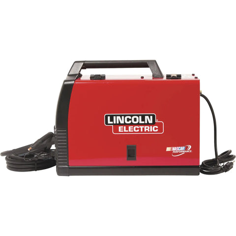 Compact And Portable Mig Welder Perfect For DIY Projects Uses Flux Core Or Mild Steel Easy To Operate At Home With 120 Volt Power handles red welder with cables.