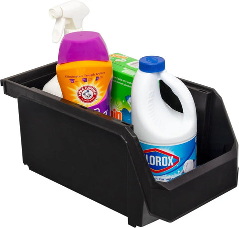 Rad Heavy Duty Stackable Plastic Storage Bins 6 Pack Black Open Front Bin For Garage Shed Cabinet Closet Organization Of Tools Cleaning Products And Gardening Gear Solid Long Lasting Durability