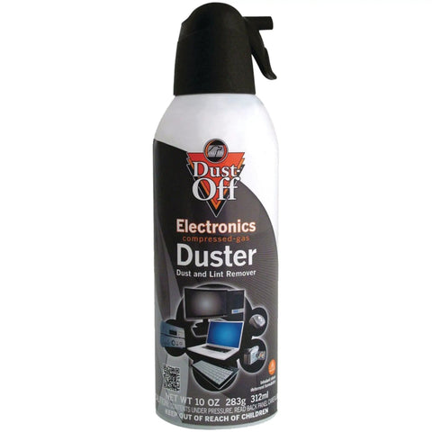 Single can of Dust-Off 10 oz compressed gas duster for quick cleaning of electronics like keyboards, CPUs, and workstations