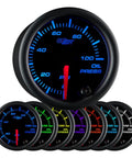 GlowShift oil pressure gauge, 2-1/16 in, black dial, blue illumination; includes sensor and wiring, multi-color display.