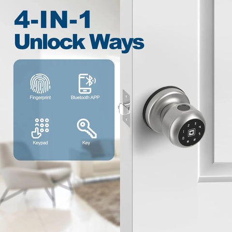 Smart Door Lock With Keypad And Fingerprint, App Control For Quick Entry, shown on white door with lock features.