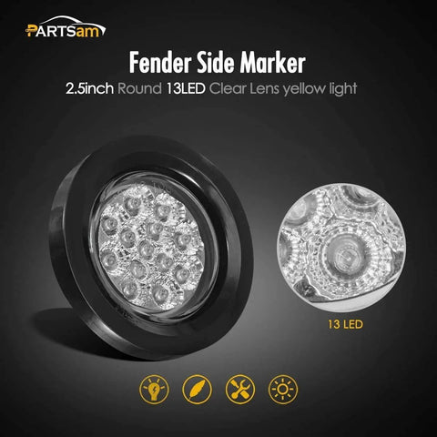 2 Pack 2.5 Inch Round Amber 13 LED Side Marker Clearance Lights with Grommet for Truck Trailer RV Clear Lens 12V Waterproof